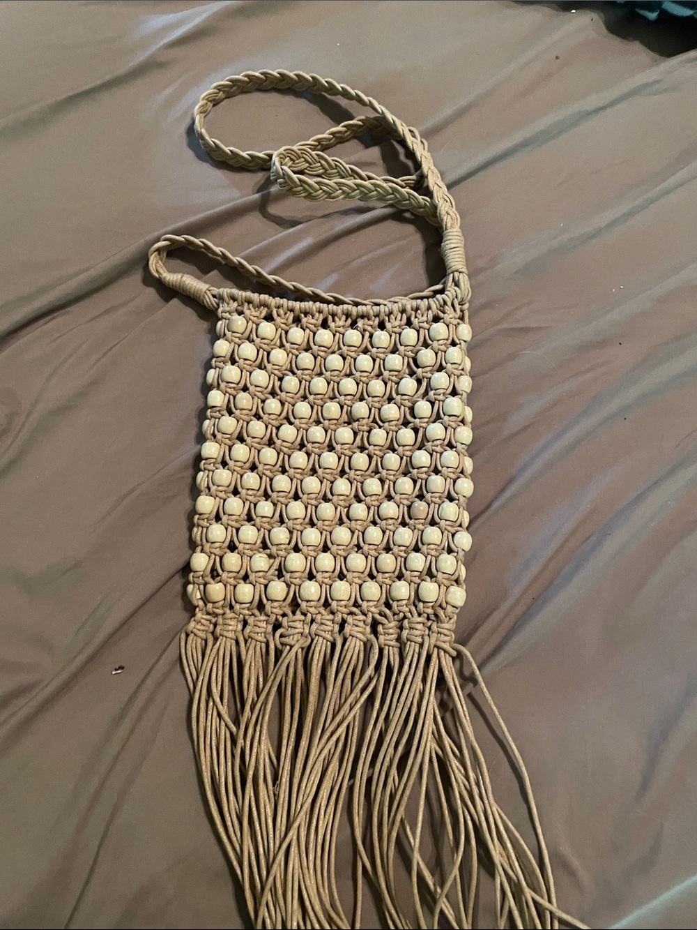 Boho Macramé Fringe Crossbody Bag in Beige 6x8